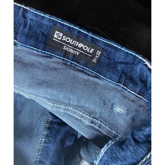 Vtg Southpole Skinny Moto Jeans Distressed Blue Mens 38x32 Y2k Skater Fade - Picture 4 of 8